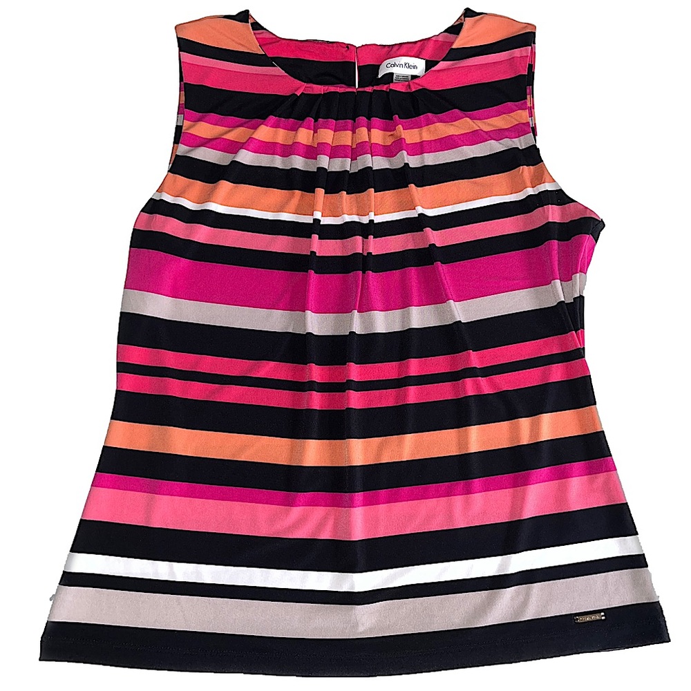 Calvin Klein Multicolored Sleeveless Jersey Knit Gathered Neckline Blouse LG A11